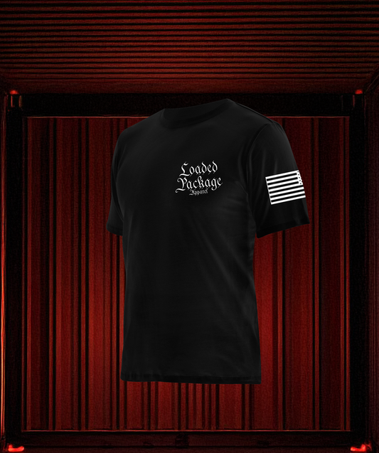 Front of Loaded Package tactical shirt with chest logo and American flag on sleeve — rugged patriotic gear for military and law enforcement