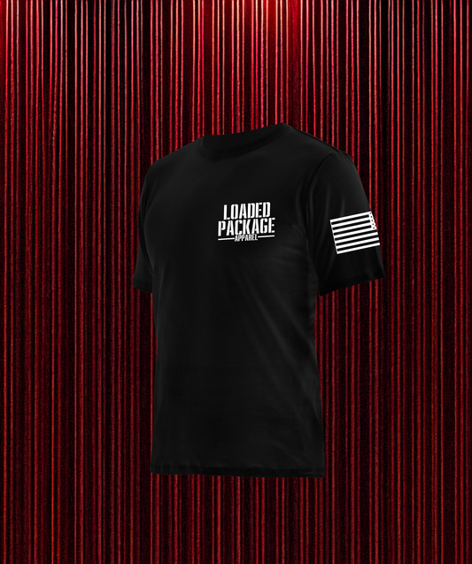 Front of Loaded Package tactical shirt featuring chest logo and American flag on left sleeve — patriotic apparel for military, veterans, and 2A supporters.