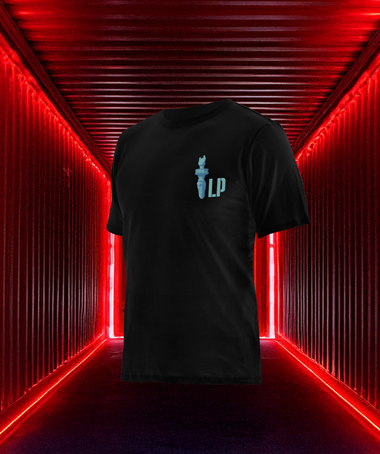 Front of Loaded Package tactical shirt with chest logo and American flag on sleeve — rugged patriotic apparel for military, LEO, and 2A advocates.