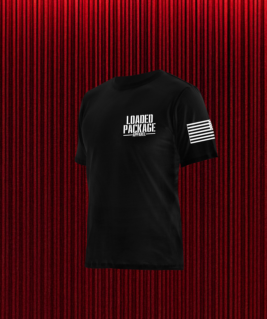 Front of Loaded Package tactical shirt with chest logo and American flag on sleeve — rugged patriotic gear for military and law enforcement