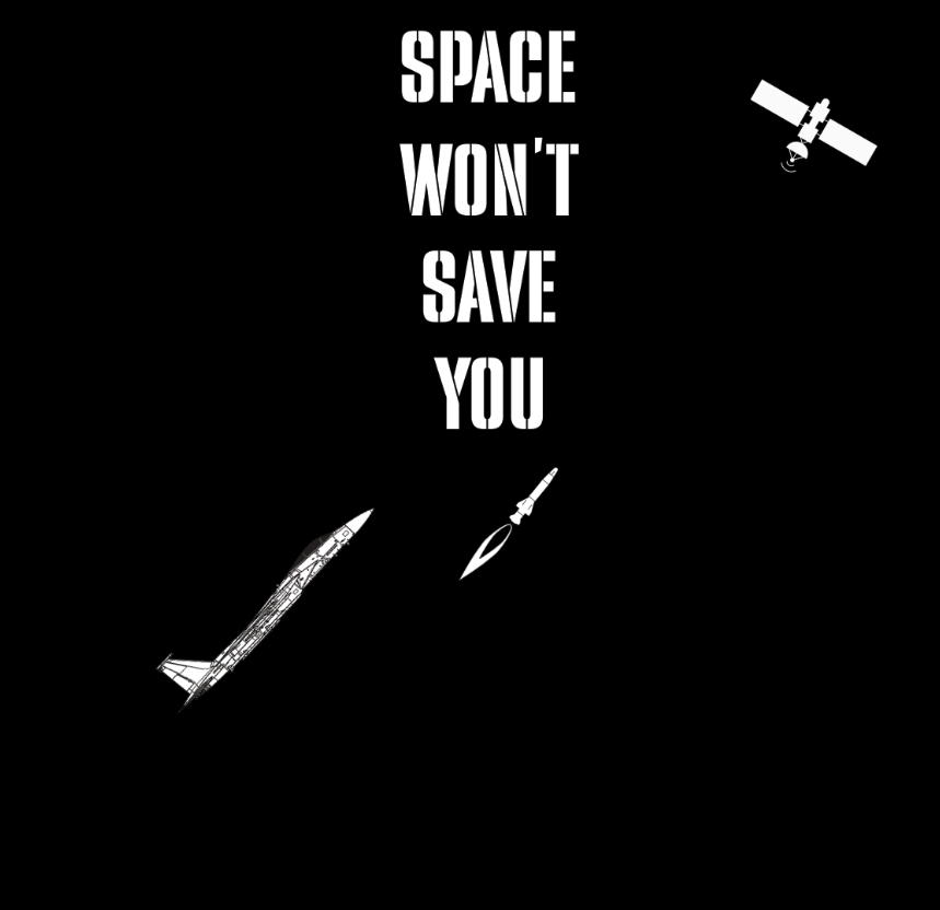 F-15 fighter jet shooting down a satellite with text 'Space Won’t Save You' — Loaded Package tactical shirt design for military and aerospace enthusiasts