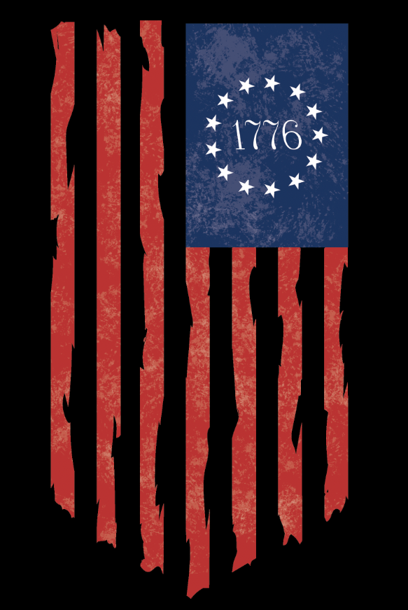 Loaded Package standalone design featuring distressed Betsy Ross flag with 13 stars in a circle and bold 1776 in the center — patriotic graphic representing American independence and founding values.