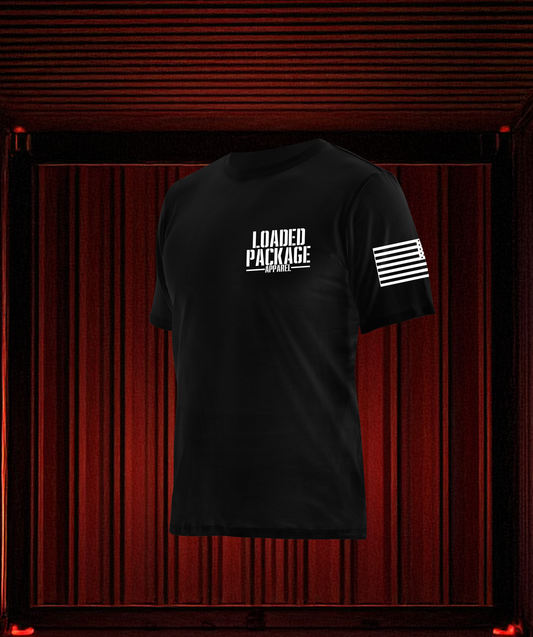 Front of Loaded Package tactical shirt with logo on chest and American flag on sleeve — bold apparel for patriots, veterans, and law enforcement.