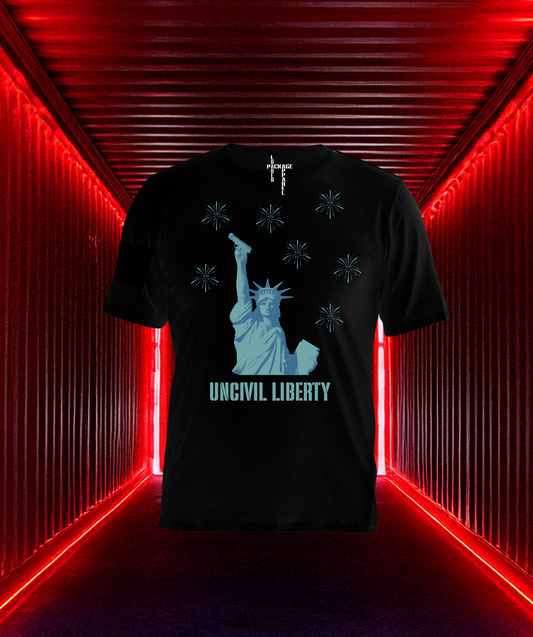 Back of Loaded Package tactical shirt featuring Statue of Liberty holding a pistol instead of a torch, with bold text 'Uncivil Liberty' — edgy pro-freedom design blending American symbolism with Second Amendment rights.