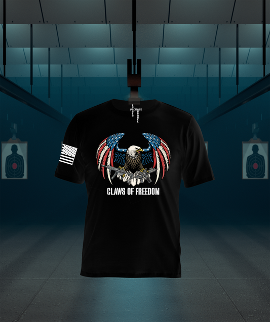 Back of Loaded Package tactical shirt featuring an American eagle holding guns in each claw with bold text 'Claws of Freedom' — powerful patriotic design representing strength, liberty, and the Second Amendment.
