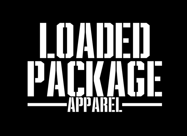 Loaded Package Apparel logo — bold text-based branding for patriotic, military, and 2A lifestyle clothing.