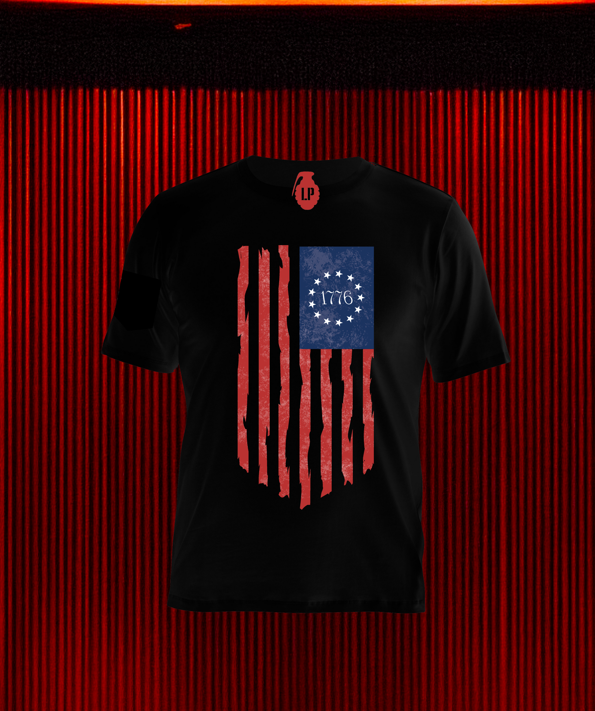 Back of Loaded Package tactical shirt featuring distressed 1776 Betsy Ross flag with 13 stars in a circle and 1776 in the center — patriotic design honoring American independence and freedom