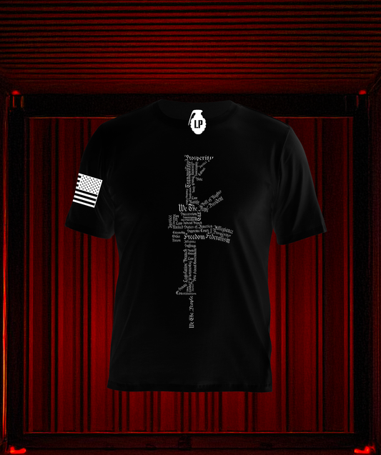 Back of Loaded Package tactical shirt featuring M4 rifle silhouette filled with key phrases from the U.S. Constitution — Armed by the Constitution patriotic design celebrating American freedoms and the Second Amendment.