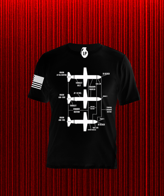 Back of Loaded Package tactical shirt featuring Tomahawk missile graphic — bold military-inspired apparel for veterans, LEO, and 2A supporters