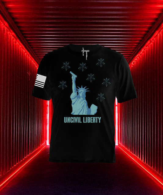 Back of Loaded Package tactical shirt featuring Statue of Liberty holding a pistol instead of a torch, with bold text 'Uncivil Liberty' — edgy pro-freedom design blending American symbolism with Second Amendment rights.